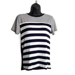 Loveappella Navy White Striped Top Small Short Sleeve Stretch Nautical